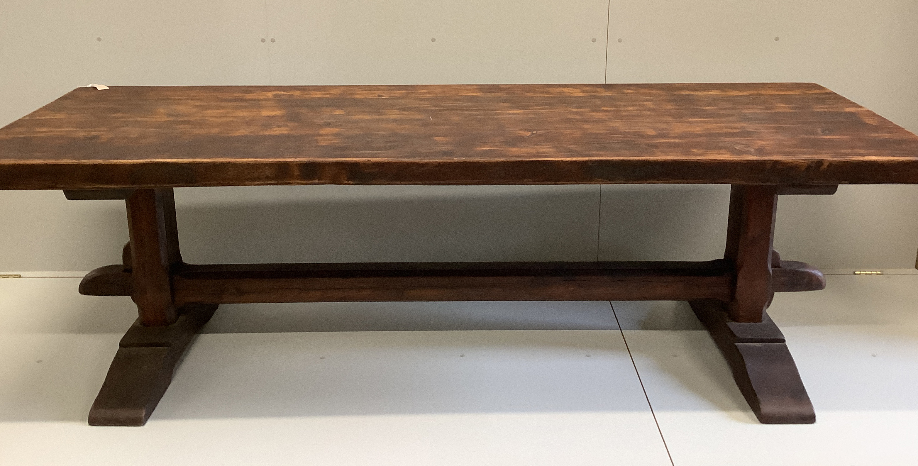 An 18th century style French rectangular oak refectory dining table, width 249cm, depth 87cm, height 77cm